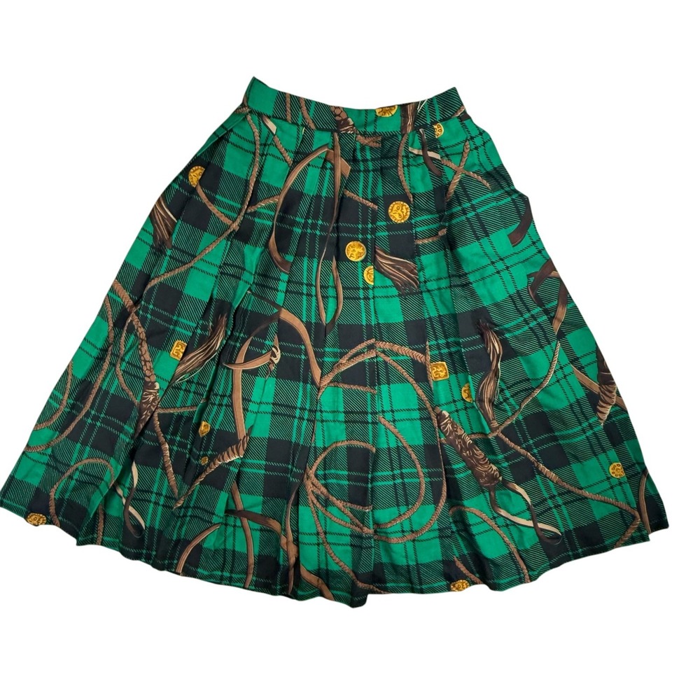 Debora Kuchme Skirt Womens 6 Green Plaid Silk Wool Pleated Equestrian Print Vtg